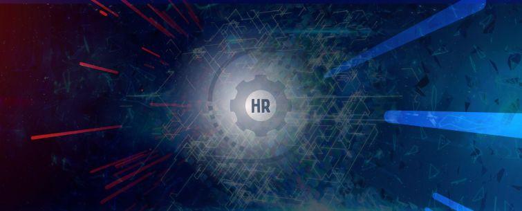 A blue background with the text 'HR' in the center and an icon symbolyzing change projecting a centripetal movement.
