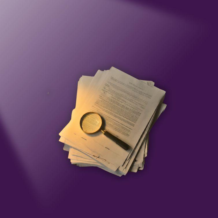 On a dark purple background is a pile of paperwork with a magnifier on top of it lit by a spotlight.