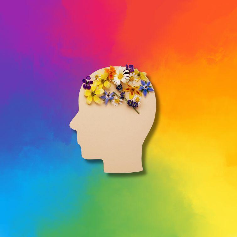 On a multi-colored background is a head silhouette with flowers blossoming.