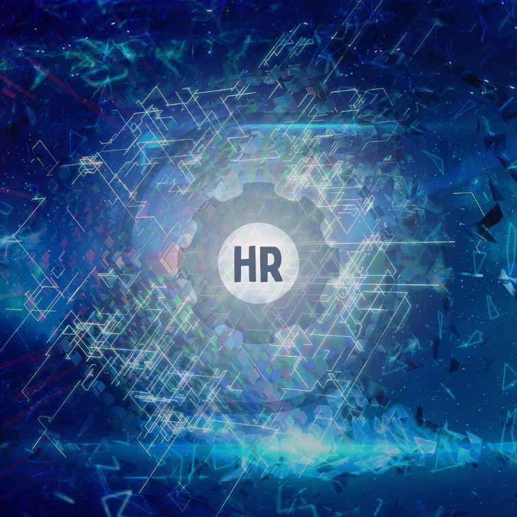 A blue background with the text 'HR' in the center and an icon symbolyzing change projecting a centripetal movement.