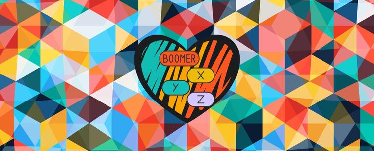 A multicolored background shows a heart in the center with three labels: boomers, X, Y, and Z.