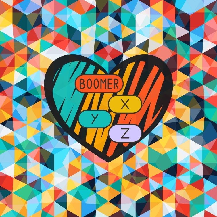A multicolored background shows a heart in the center with three labels: boomers, X, Y, and Z.