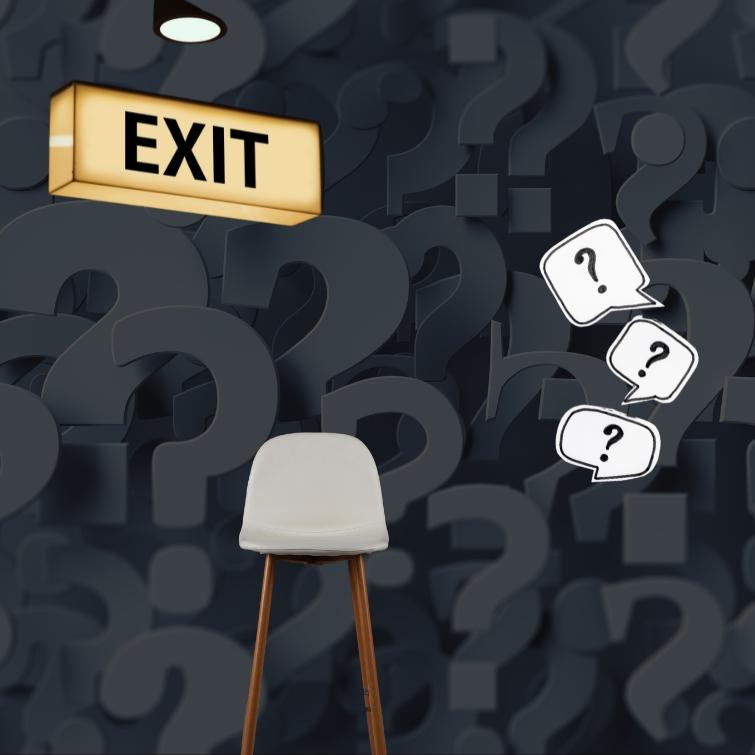 A chair with wooden legs on a gray background full of question marks and an 'Exit' ad spotlit.