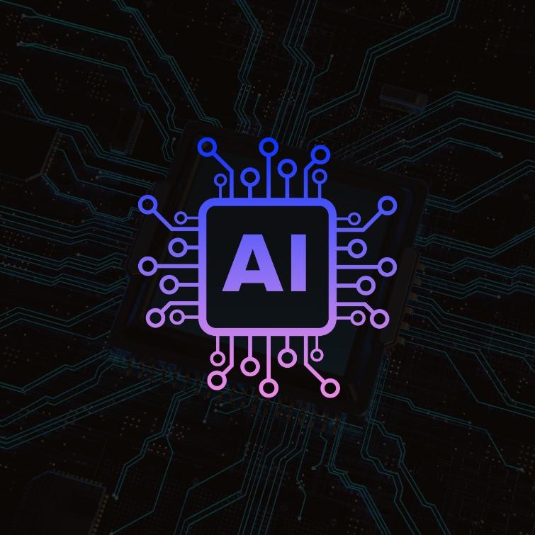 The background features an image of a computer chip on a circuit board, with the icon of AI in the center.