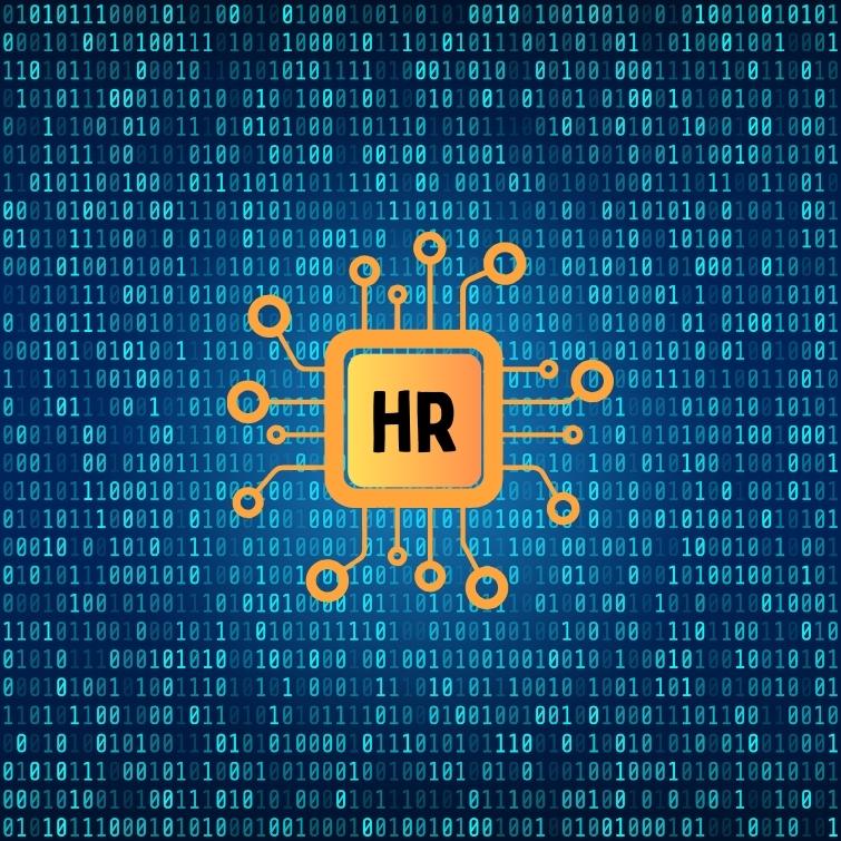 On a background with binary data is the icon of AI with the text 'HR' in the center.